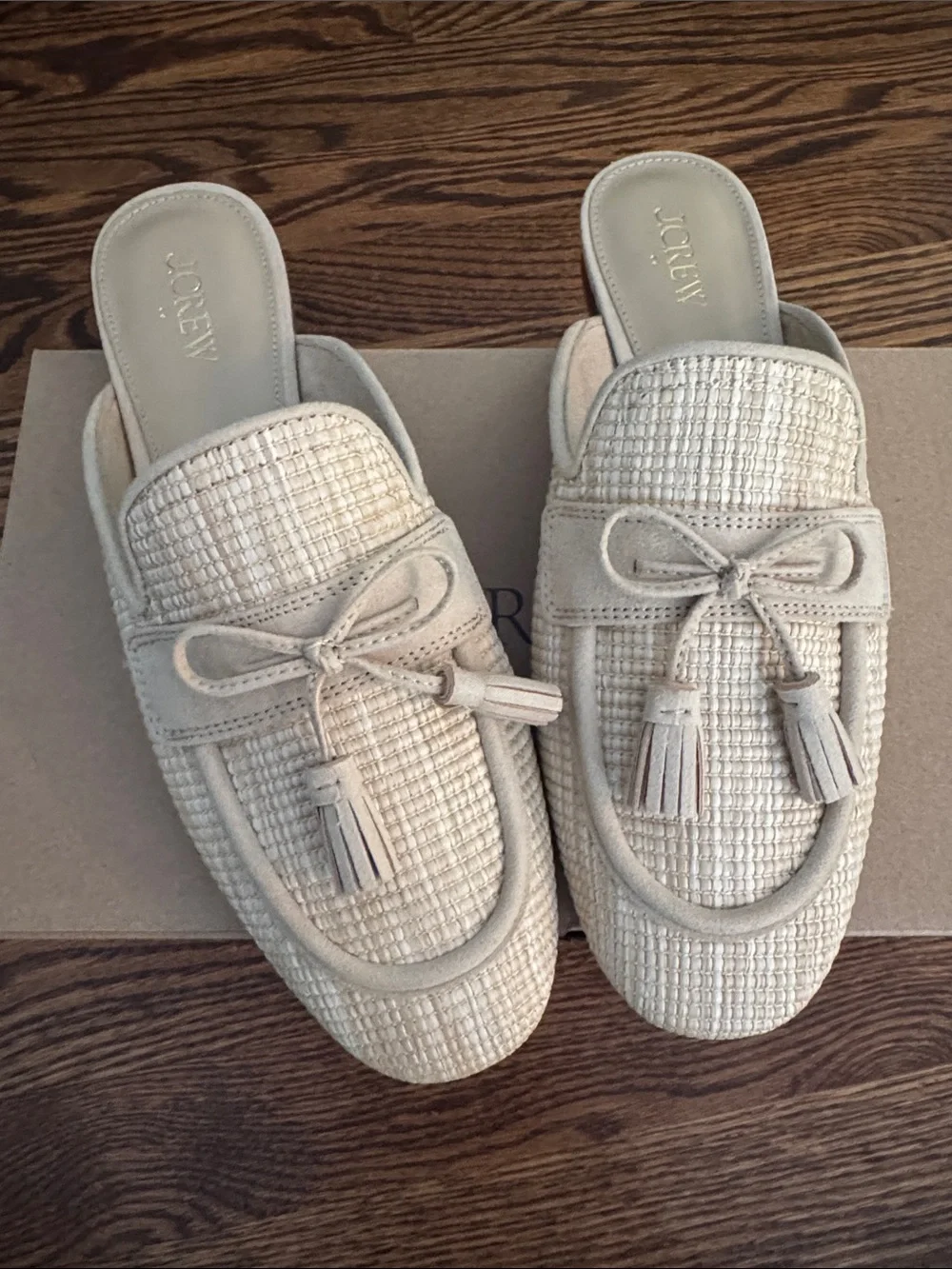 J. Crew Blonde Natural Raffia Woven Tassel Mules. New, in box. Size 9.